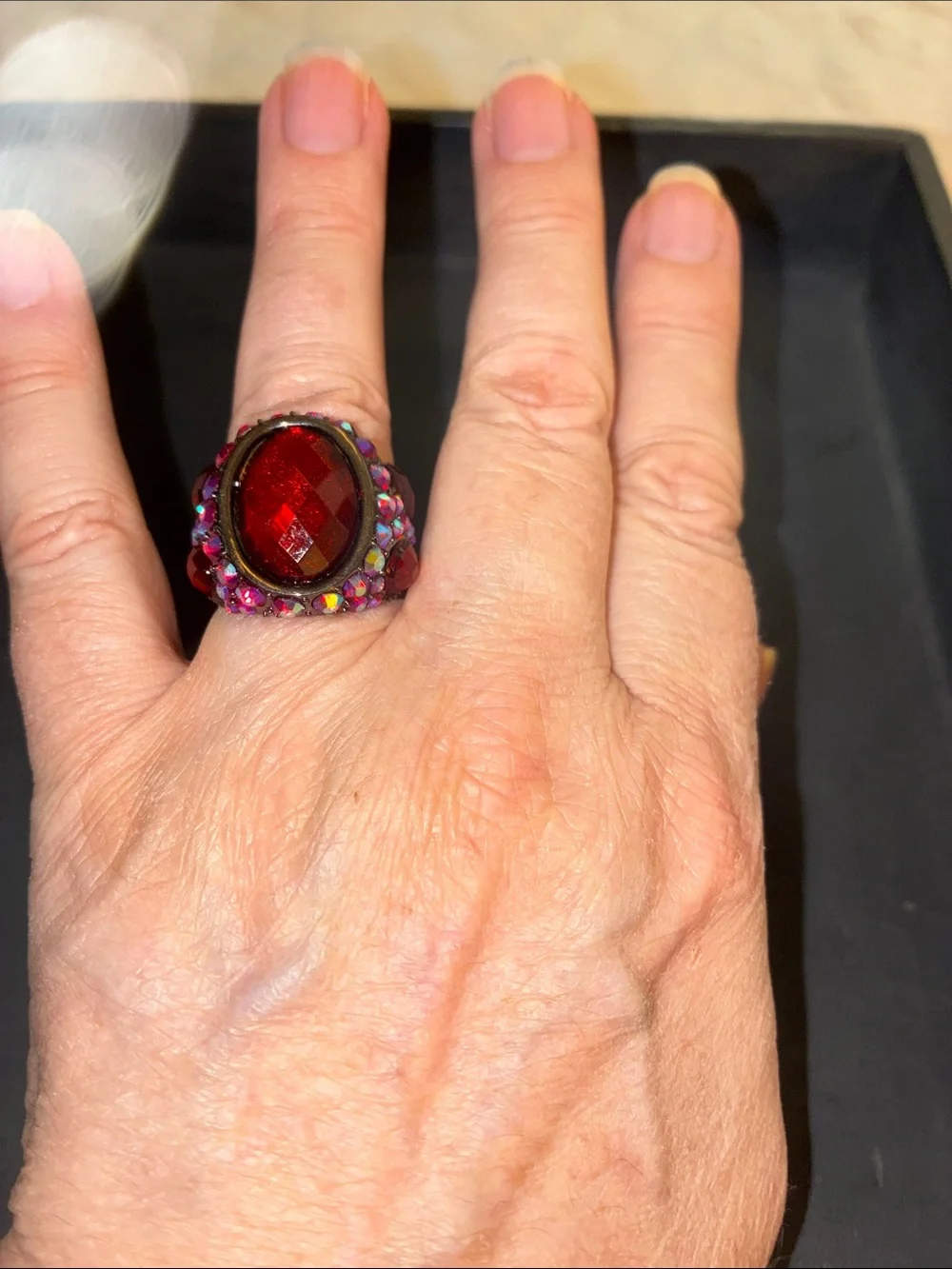 Vintage-Inspired Red Crystal Statement Stretch Ring